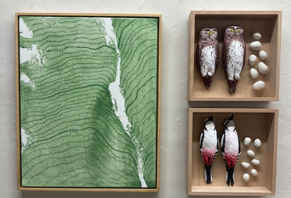 Installation Monique Rubin, Nestwald und Waldbewohner vor 28.05.2025, Acryl auf Leinwand und Holzmehl, Acryl in Holzkiste, 2025